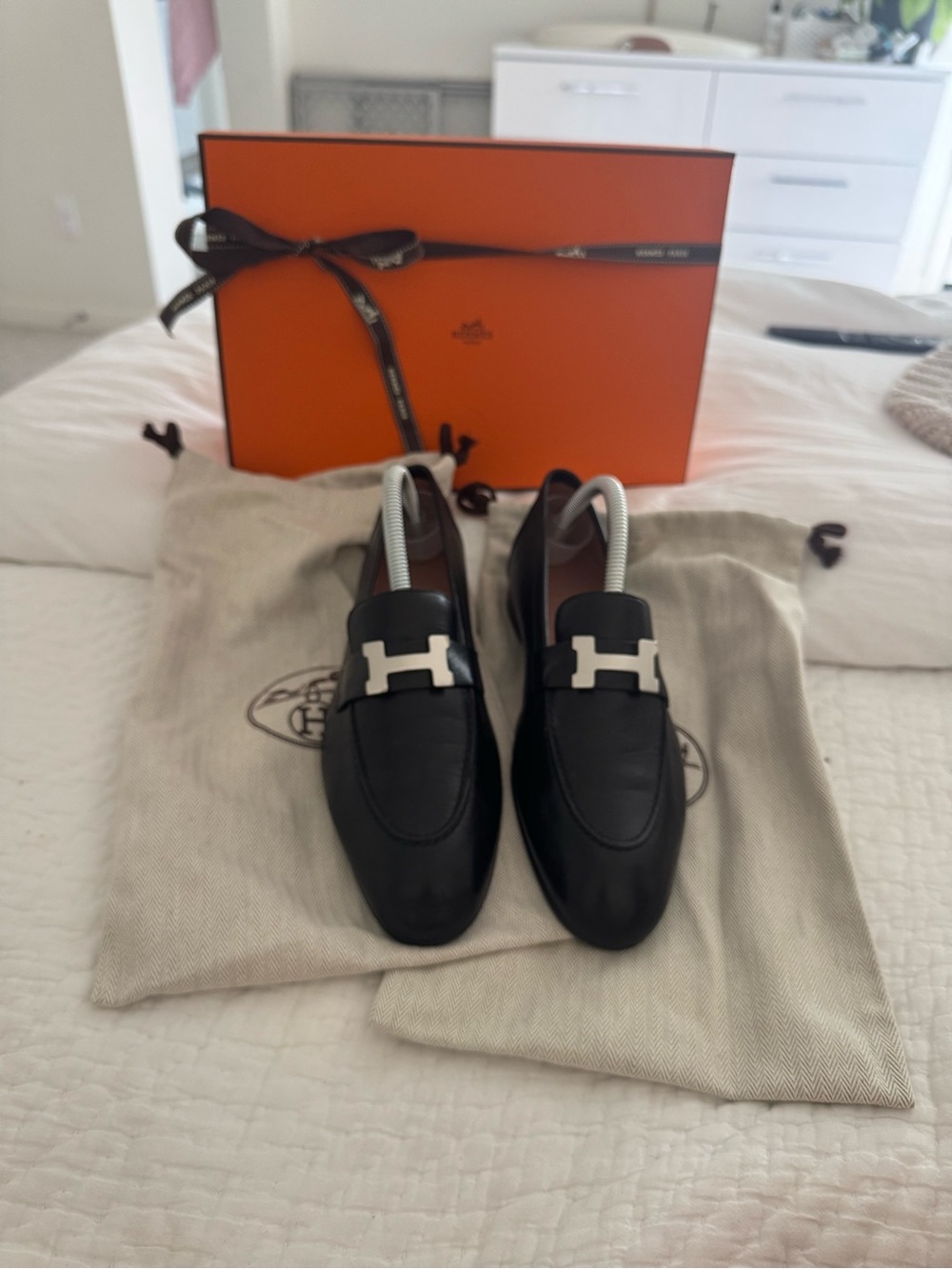 Hermes Black Leather Loafers with Silver H Buckle